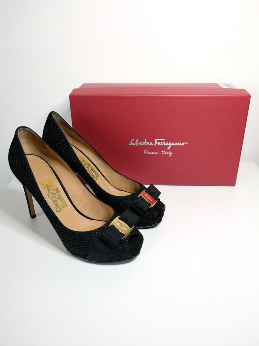 Salvatore Ferragamo Rare Perforated Suede Bow Peep-Toe Stilettos, Black, 7.5